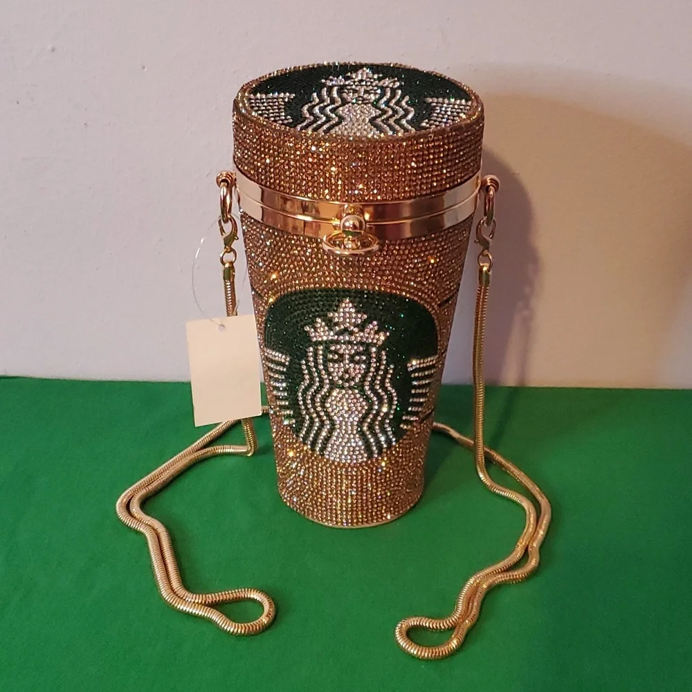 Gold / Green Coffee Cup Purse With Rhinestones - Picture 3 of 5